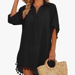 NWT XL size black long sleeve swim cover up with tassels